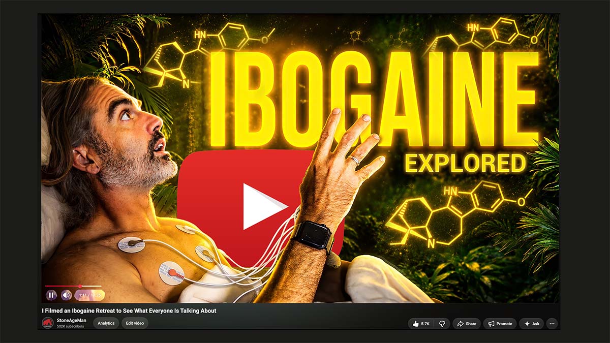 Thumbnail for the documentary Ibogaine Explored: Rob Nelson lying back with ECG electrodes on his chest, looking upward, with the ibogaine molecule drawn in gold across jungle foliage.