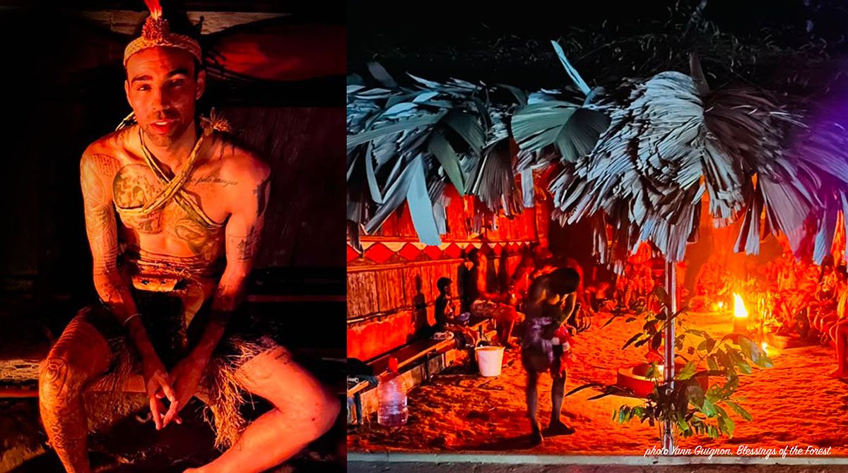 Left: Troy Valencia in ceremonial dress. Right: a Bwiti temple at night, lit by fire, with people moving between the posts.