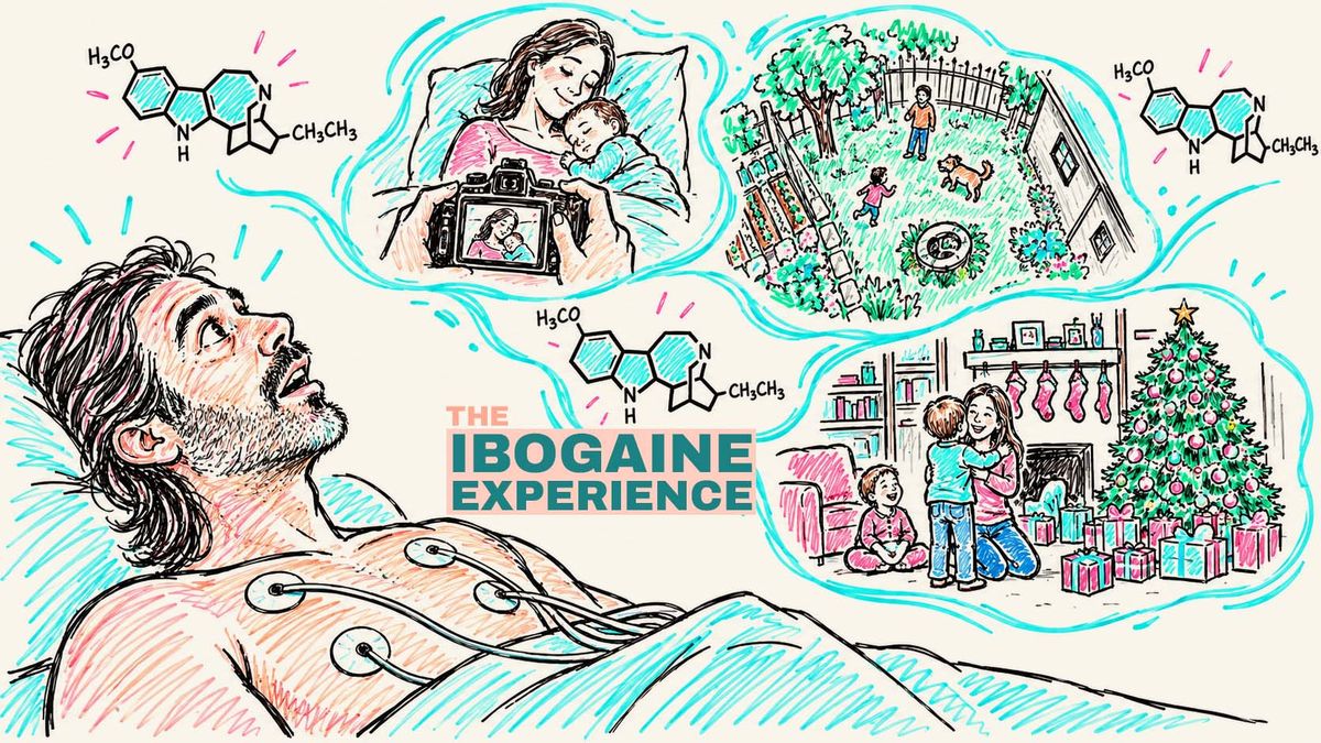 Illustration of a man lying under cardiac monitoring during ibogaine treatment, with thought bubbles showing scenes from his own life: a mother holding a newborn, children playing in a backyard, a family together at Christmas.