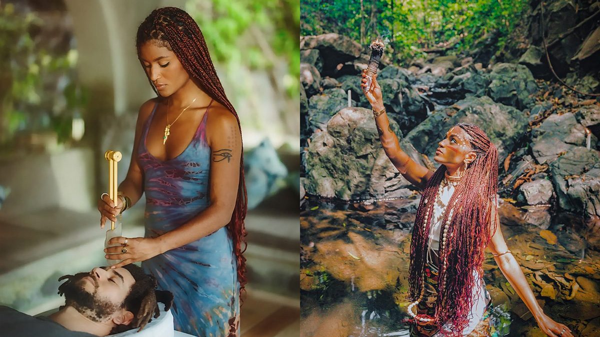Left: a practitioner using a tuning fork over a reclining participant. Right: a practitioner holding a smoking bundle beside a jungle pool.