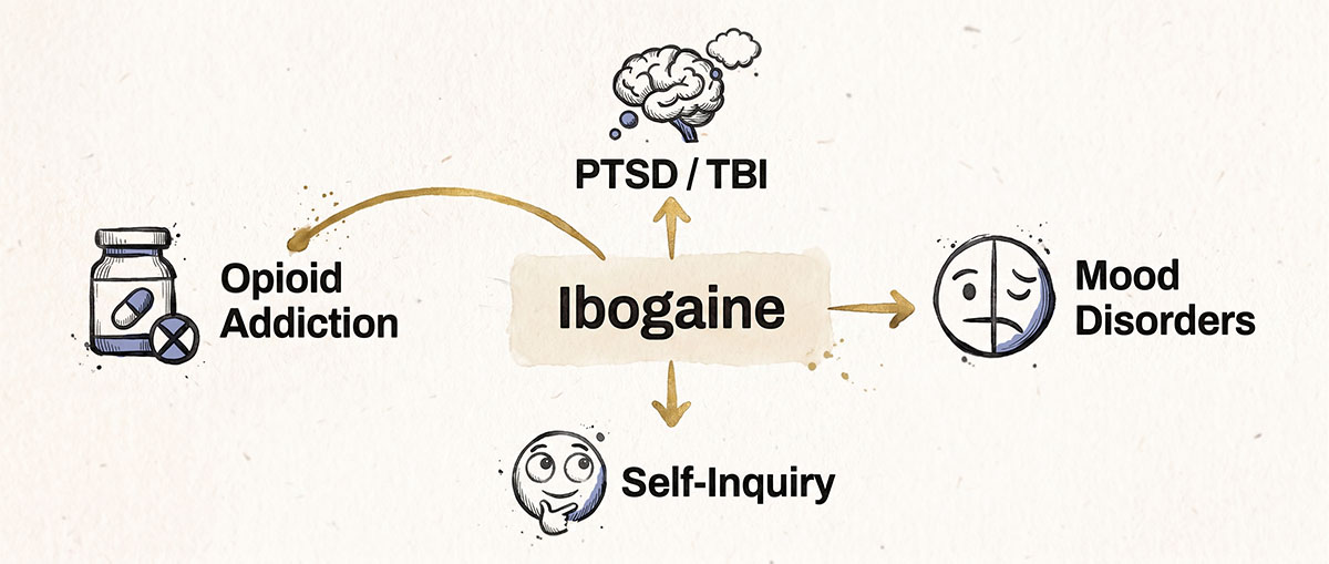 Illustrated diagram showing ibogaine radiating out to four areas it is used for: opioid addiction, PTSD and TBI, mood disorders, and self-inquiry.